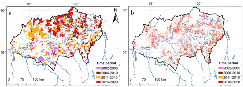 Maps of remotely-sensed fires (left) and logged areas (right) across Siberia from 2002-2020