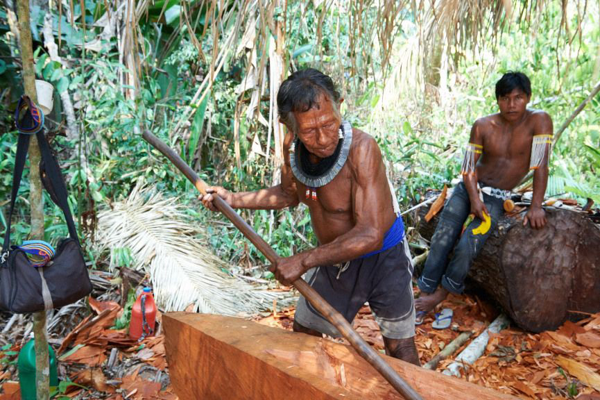 Kayapo man carving a canoe